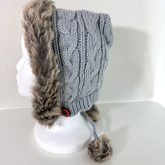 San Diego Hat Co Kid Cable Knit Beanie Pom Pom Neck Tie Size 5-7 yrs Winter Gray - Picture 4 of 10